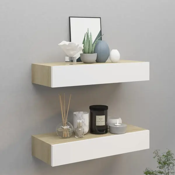 Gossi dulapuri de perete cu sertar 2 buc stejar/alb 60x23,5x10 cm mdf