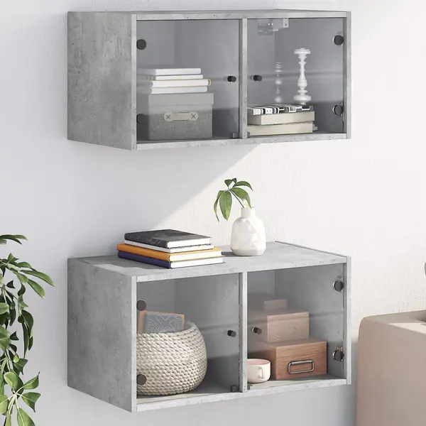 Gossi dulapuri de perete cu usi sticla 2 buc. gri beton 68,5x37x35 cm