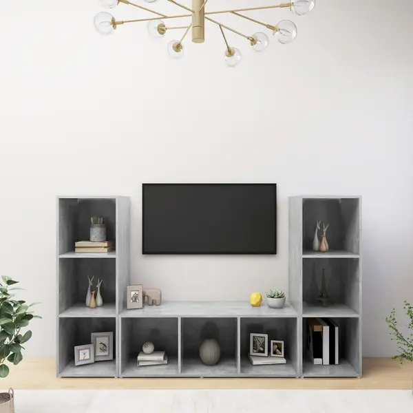 Gossi dulapuri tv, 3 buc gri beton, 107x35x37 cm, lemn prelucrat