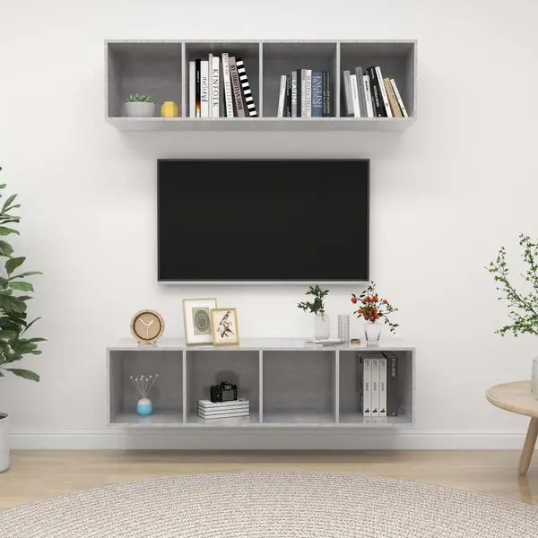 Gossi dulapuri tv montate pe perete, 2 buc, gri beton, lemn prelucrat