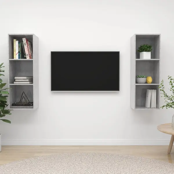 Gossi dulapuri tv suspendate, 2 buc, gri beton, lemn prelucrat
