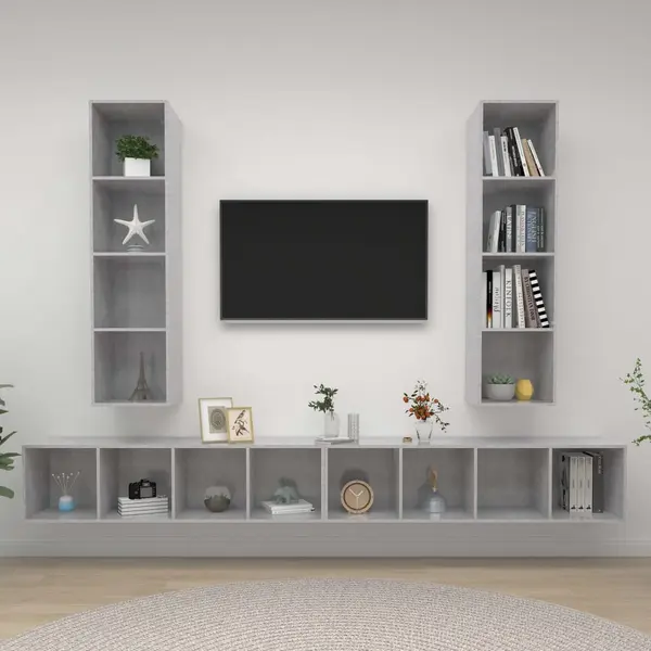 Gossi dulapuri tv suspendate, 4 buc, gri beton, lemn prelucrat