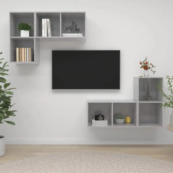 Gossi dulapuri tv suspendate, 4 buc, gri beton, lemn prelucrat