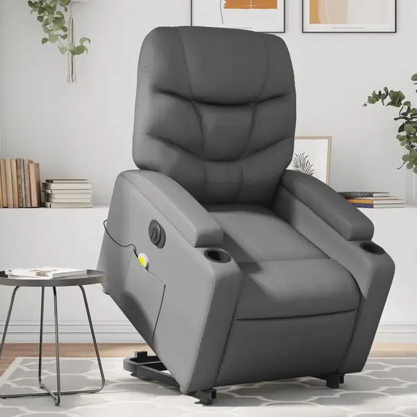 Gossi fotoliu masaj rabatabil electric cu ridicare, gri, piele eco