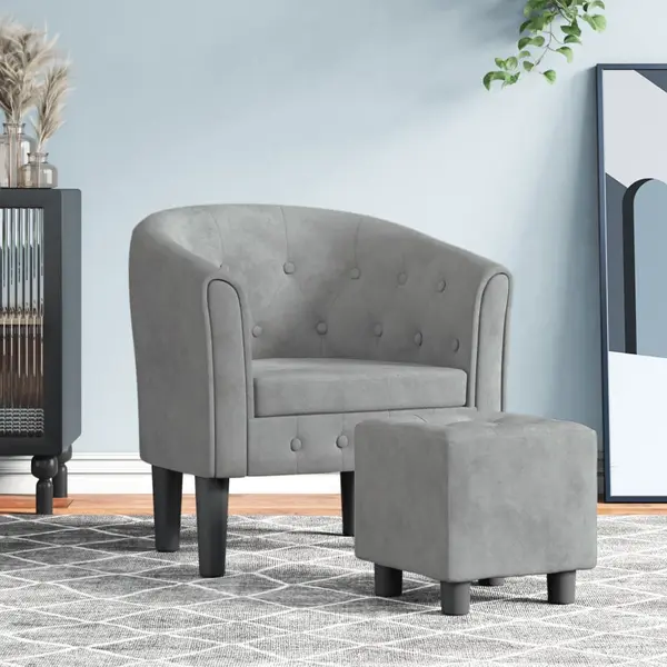 Gossi fotoliu tip cuva cu taburet, gri deschis, catifea