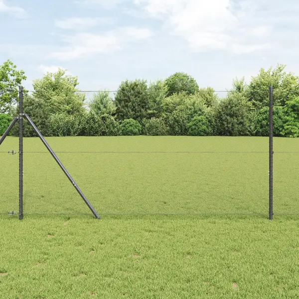Gossi gard hexagonal gri 1x10 m otel, Gossi stalpi de gard 7 pcs gri Ø32 mm 150 cm otel galvanizat