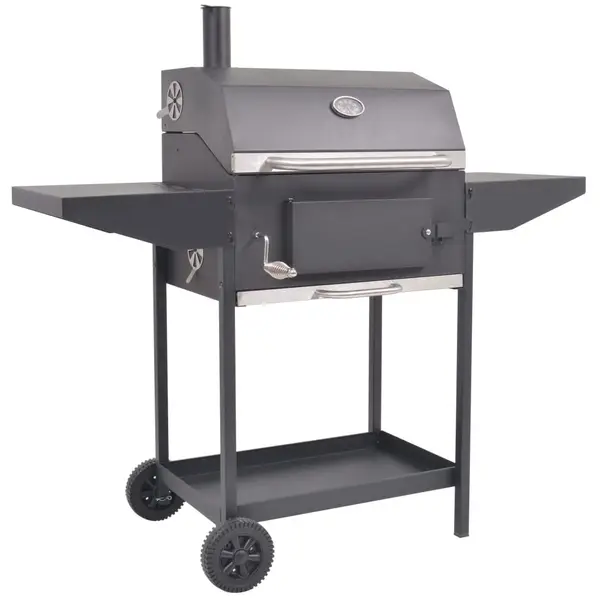 Gossi gratar barbecue cu carbuni, afumatoare si raft jos, negru