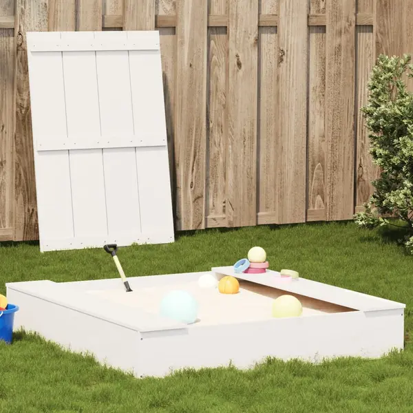 Gossi groapa de nisip cu capac, alb, 111x111x19,5 cm, lemn masiv pin