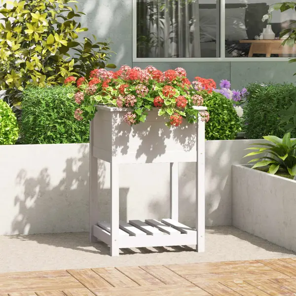 Gossi jardiniera cu raft, alb, 54x54x81 cm, lemn masiv de pin