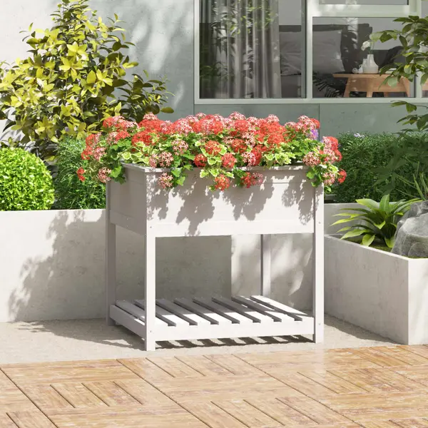 Gossi jardiniera cu raft, alb, 82,5x82,5x81 cm, lemn masiv de pin