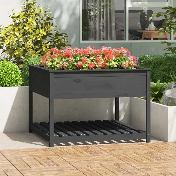 Gossi jardiniera cu raft, gri, 111,5x111,5x81 cm, lemn masiv de pin