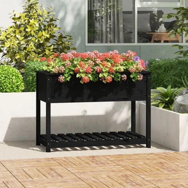 Gossi jardiniera cu raft, negru, 111,5x54x81 cm, lemn masiv de pin