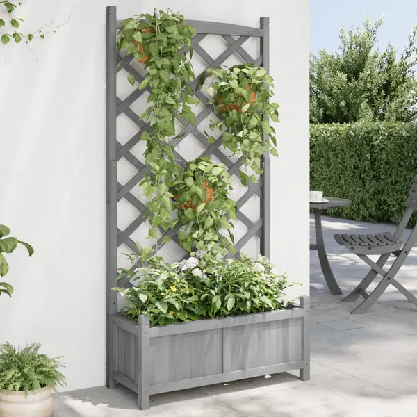 Gossi jardiniera cu spalier, gri, lemn masiv de brad