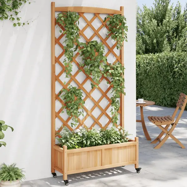 Gossi jardiniera cu spalier si roti, maro, lemn masiv de brad