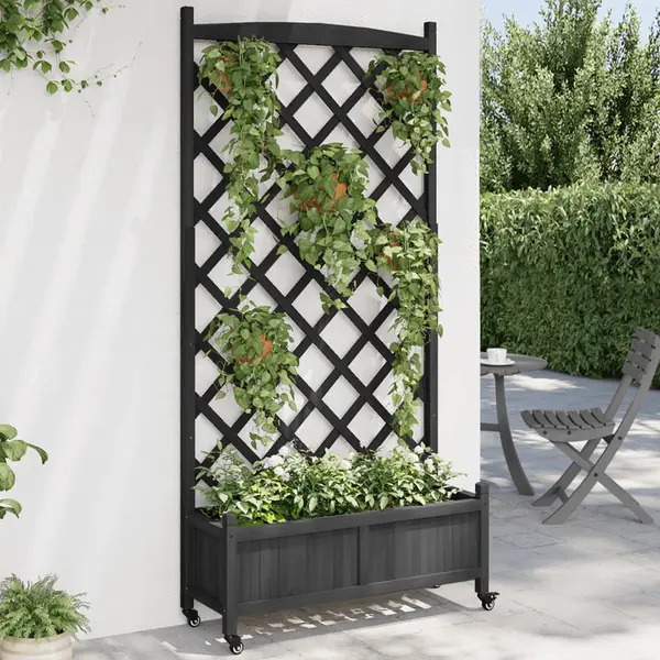 Gossi jardiniera cu spalier si roti, negru, lemn masiv de brad