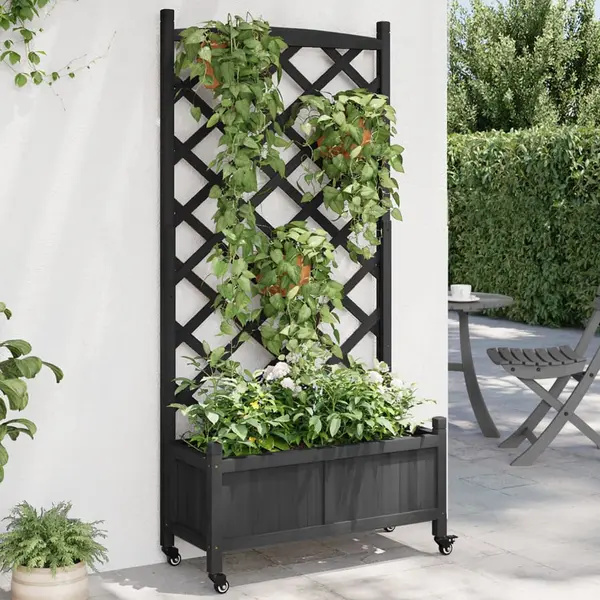 Gossi jardiniera cu spalier si roti, negru, lemn masiv de brad