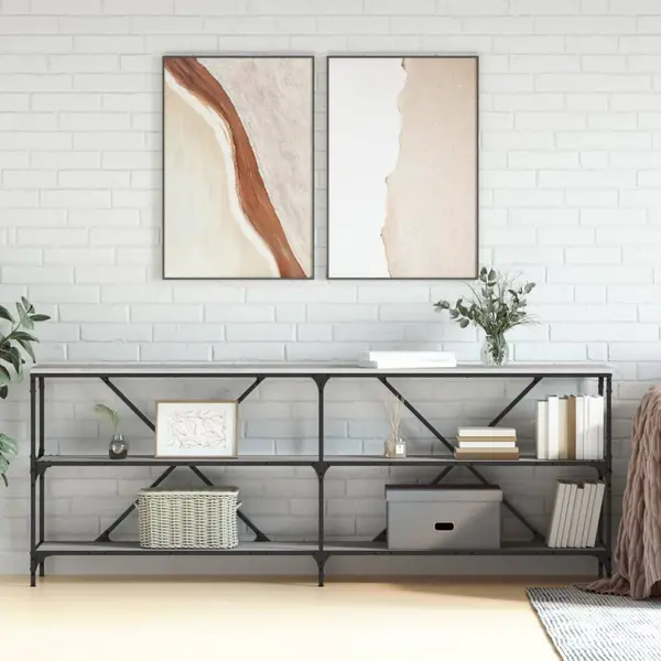 Gossi masa consola, gri sonoma, 200x30x75 cm lemn prelucrat si fier