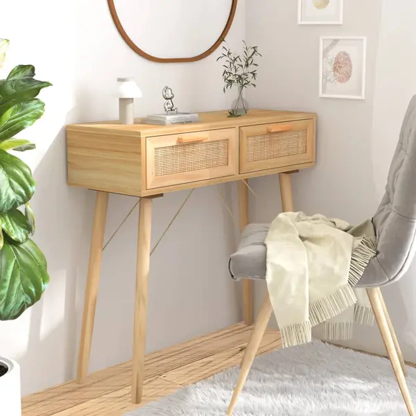 Gossi masa consola maro 80x30x75 cm lemn masiv pin si ratan natural