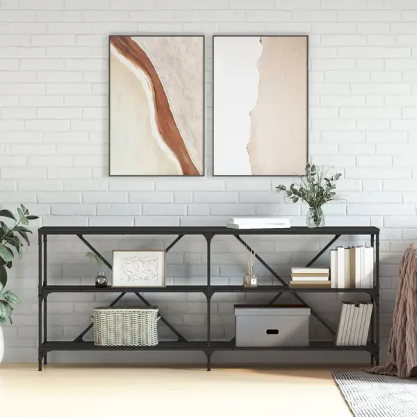 Gossi masa consola, negru, 180x30x75 cm, lemn prelucrat si fier