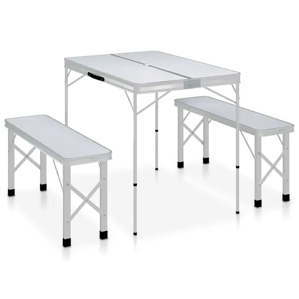 Gossi masa de camping pliabila cu 2 banci, alb, aluminiu