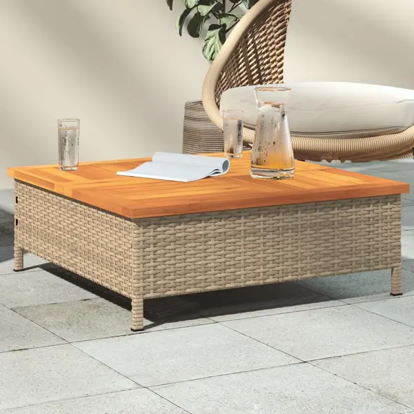Gossi masa de gradina, bej, 70x70x25 cm, poliratan si lemn acacia