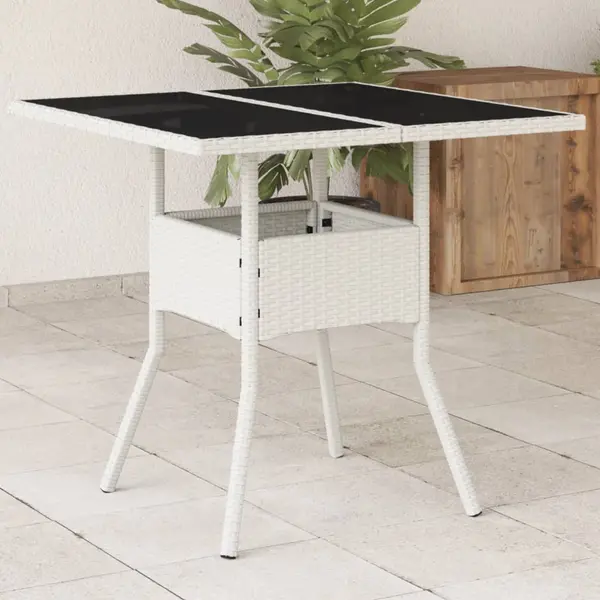Gossi masa de gradina cu blat din sticla, alb, 80x80x75 cm, poliratan
