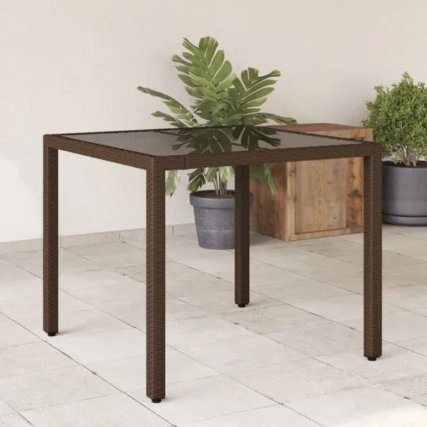 Gossi masa de gradina cu blat din sticla, maro, 90x90x75cm, poliratan