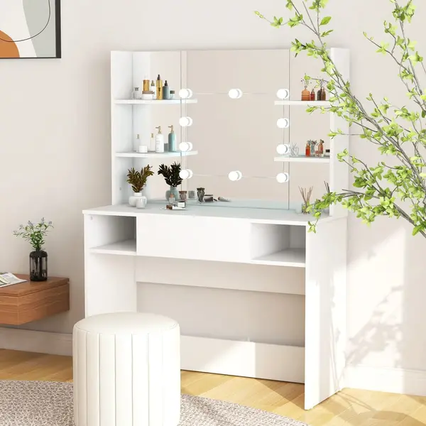 Gossi masa de machiaj cu lumini led, alb, 100x40x135 cm, mdf