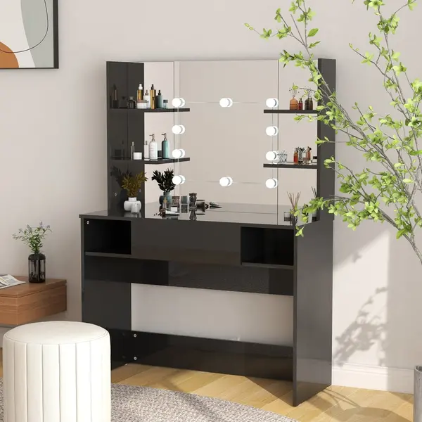 Gossi masa de machiaj cu lumini led, negru lucios, 100x40x135 cm, mdf