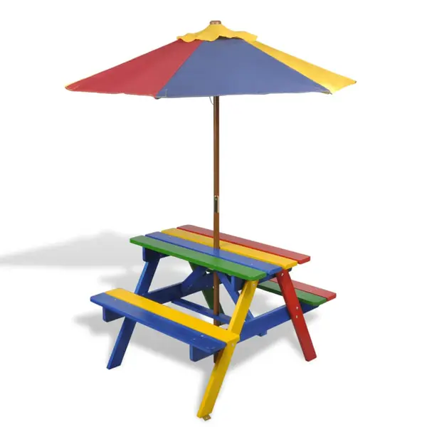 Gossi masa de picnic pentru copii cu banci & umbrela, lemn multicolor