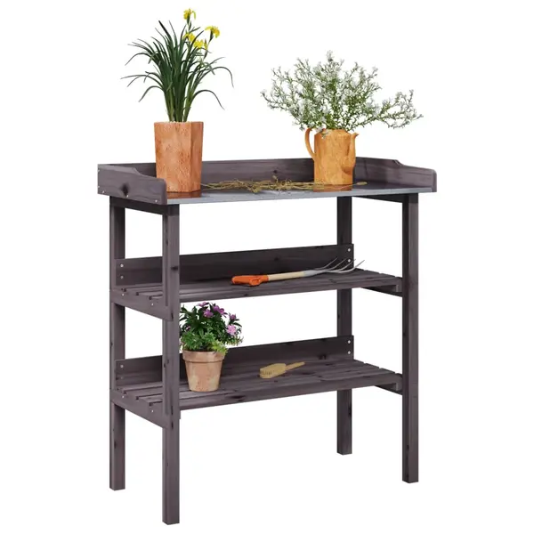 Gossi masa de plante cu raft, gri, 78x38x82,5 cm, lemn masiv de brad