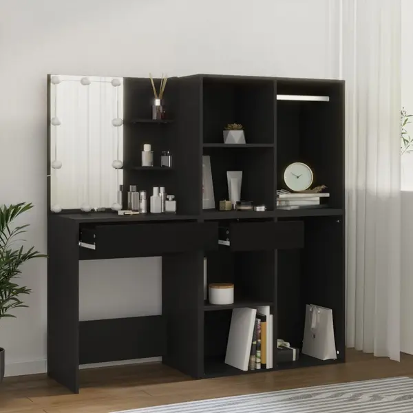 Gossi masa de toaleta cu led si dulapuri, negru, lemn prelucrat