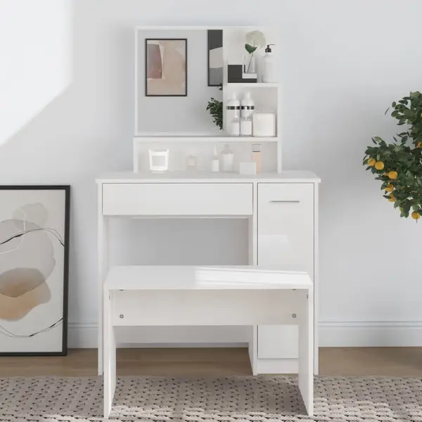 Gossi masa de toaleta cu oglinda, alb extralucios, 86,5x35x136 cm