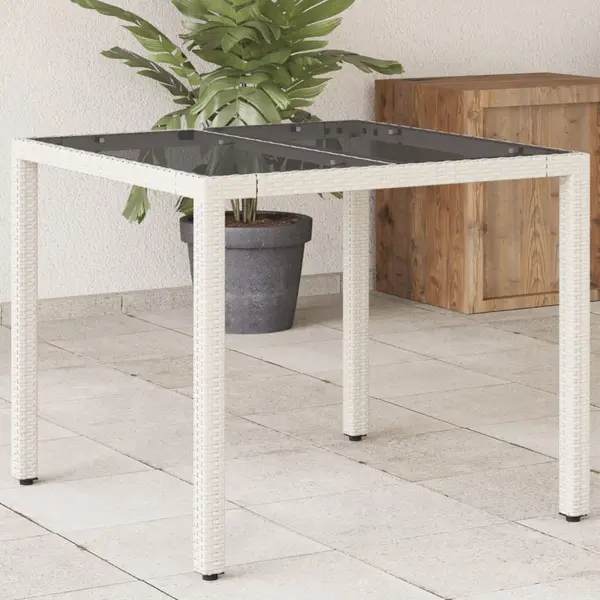 Gossi masa gradina cu blat din sticla, alb, 90x90x75 cm, poliratan