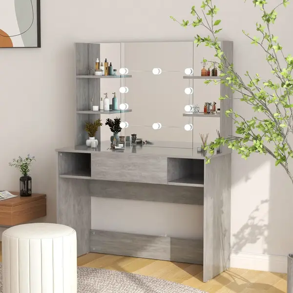 Gossi masa machiaj cu lumini led, gri beton, 100x40x135 cm , mdf