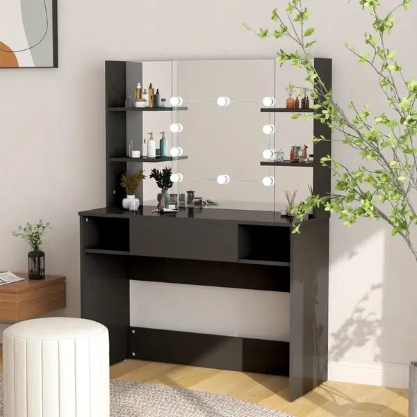 Gossi masa machiaj cu lumini led, negru, 100x40x135 cm , mdf