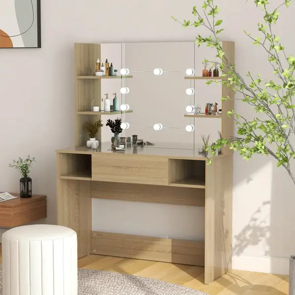 Gossi masa machiaj cu lumini led, stejar, 100x40x135 cm , mdf