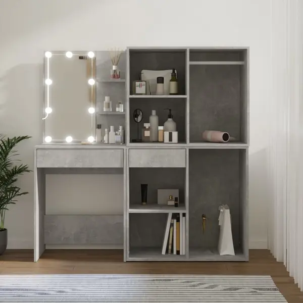 Gossi masa toaleta cu led/2 dulapuri, gri concret, lemn prelucrat