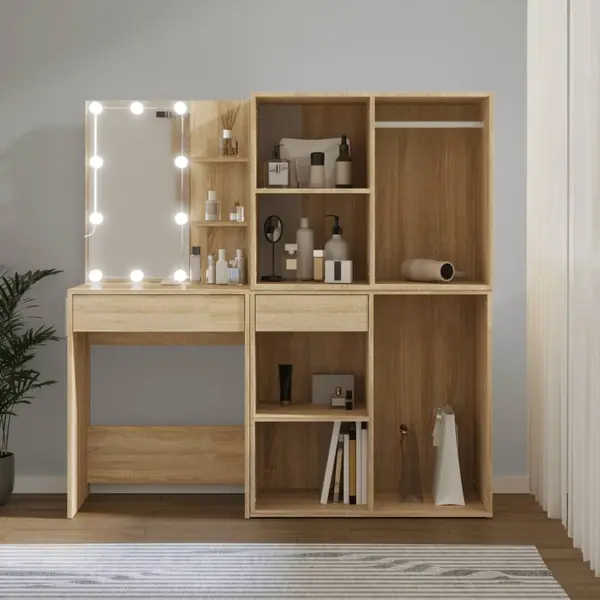 Gossi masa toaleta cu led/2 dulapuri, stejar sonoma, lemn prelucrat