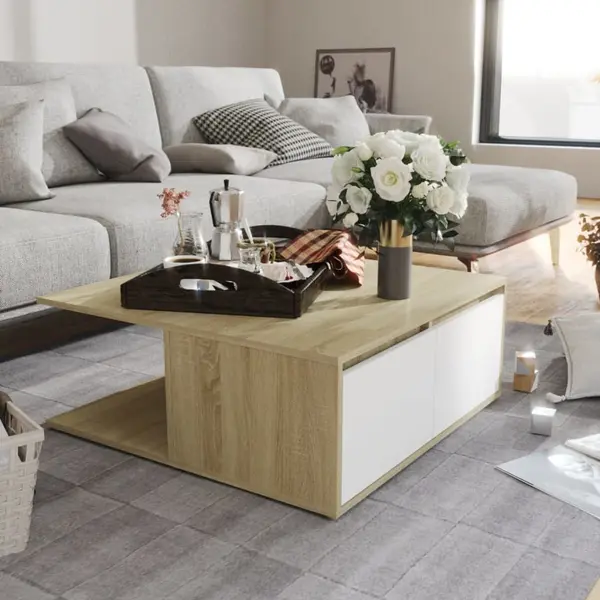 Gossi masuta de cafea alb si stejar sonoma 80x80x31 cm lemn prelucrat