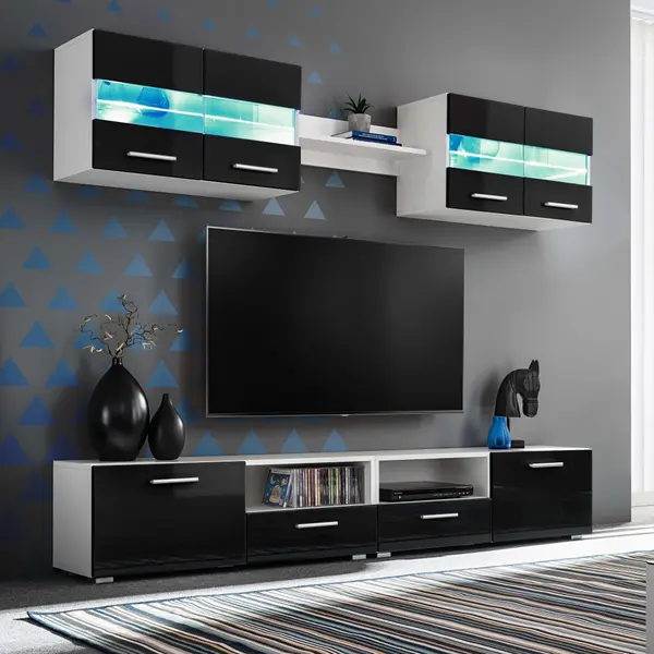 Gossi mobilier sufragerie, spatiu tv 5 piese, lumini led negru lucios
