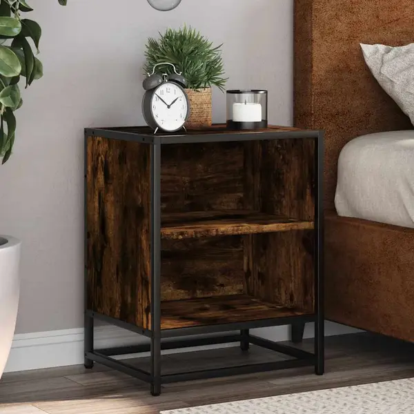 Gossi noptiera 2 buc stejar afumat 40x31x50cm lemn prelucrat si metal