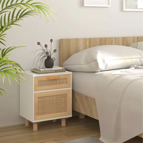 Gossi noptiera, alb, lemn masiv de pin si ratan natural
