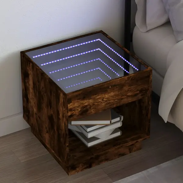 Gossi noptiera cu led infinity, stejar fumuriu, 50x50x50 cm