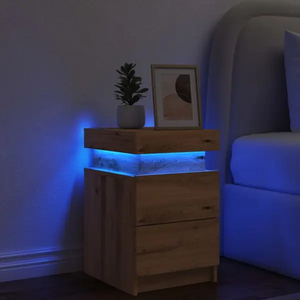 Gossi noptiera cu led, stejar artizanal, 35x39x55 cm, lemn prelucrat
