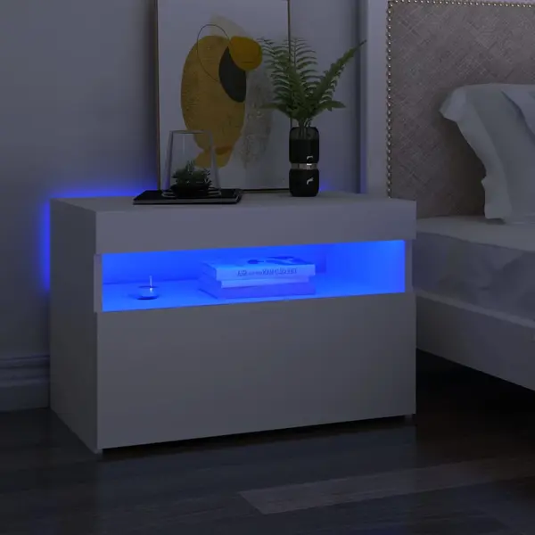 Gossi noptiera cu lumini led, alb, 60x35x40 cm, lemn prelucrat