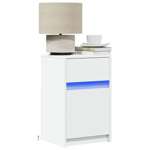 Gossi noptiera cu lumini led, alb, lemn prelucrat