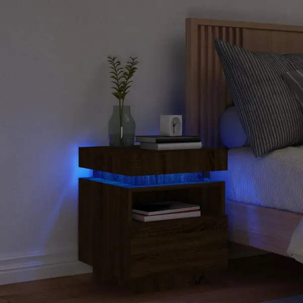 Gossi noptiera cu lumini led, stejar maro, 40x39x48,5 cm