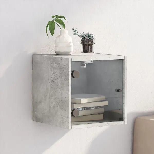 Gossi noptiera cu usa din sticla, gri beton, 35x37x35 cm