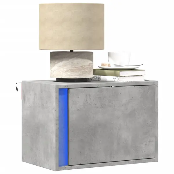 Gossi noptiera montata pe perete cu lumini led, gri beton